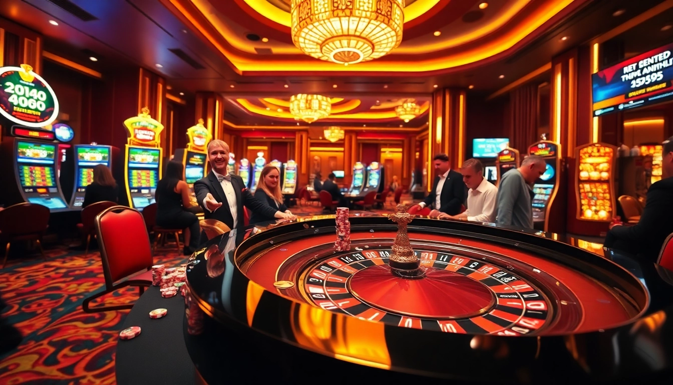 Exciting casino atmosphere showcasing keluaran china results on digital displays amid vibrant games.