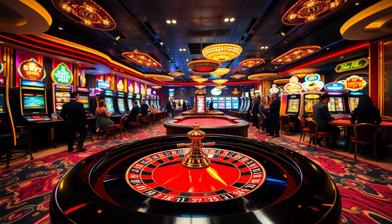 Exciting casino game scene showcasing the thrill of gambling at 5Z777 with vibrant slot machines and a roulette wheel.