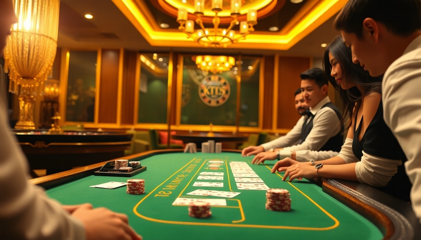Experience excitement at KK55's casino table with professional dealers and vibrant gaming elements.