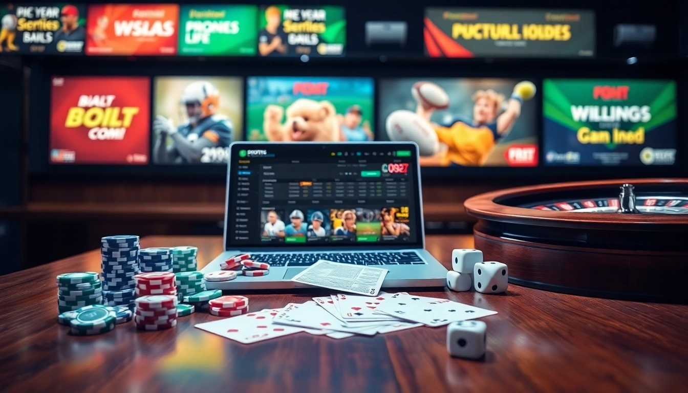 Engaging in online betting by สมัครแทงบอล on a stylish laptop, surrounded by casino elements.