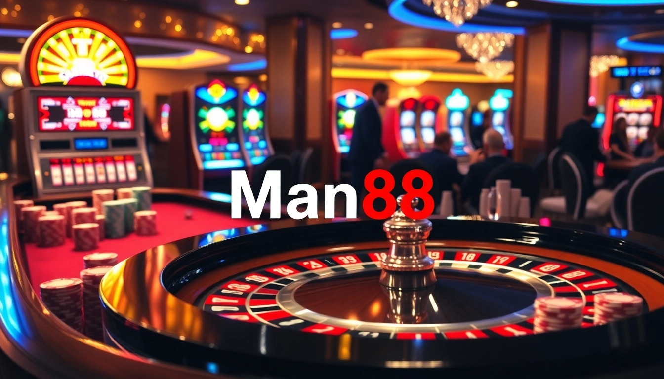 Experience thrilling gameplay at Man88 with an exciting roulette table surrounded by vibrant slot machines.