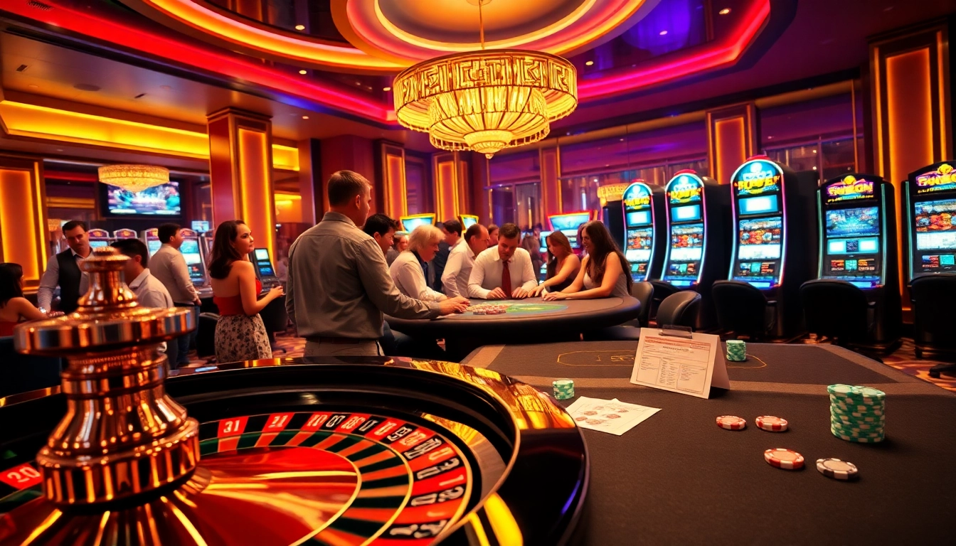 High-stakes gambling at F168 with players at a roulette and poker table, vibrant casino atmosphere.