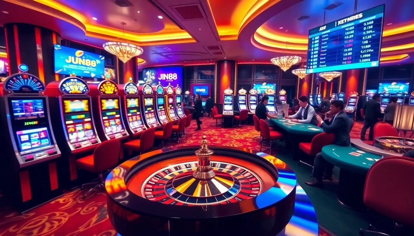 Engaging players at Jun88 casino tables featuring poker, slots, and roulette.