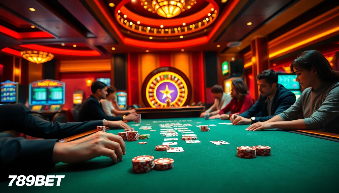 Intense poker game action featuring 789BET chips and cards at a luxurious casino table.