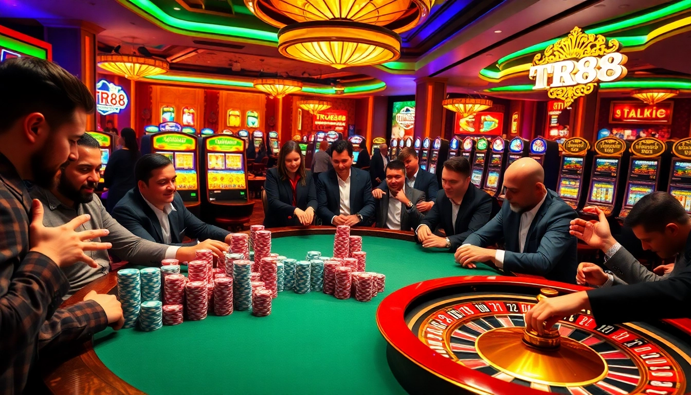 Players engaging in a TR88 themed casino game with vibrant chips and roulette wheel.