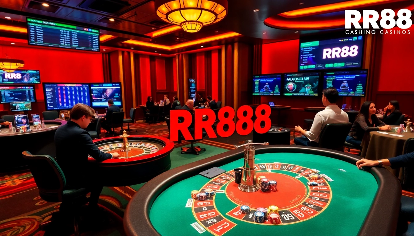 Experience the thrill of RR88 casino gaming with poker tables and vibrant chips.