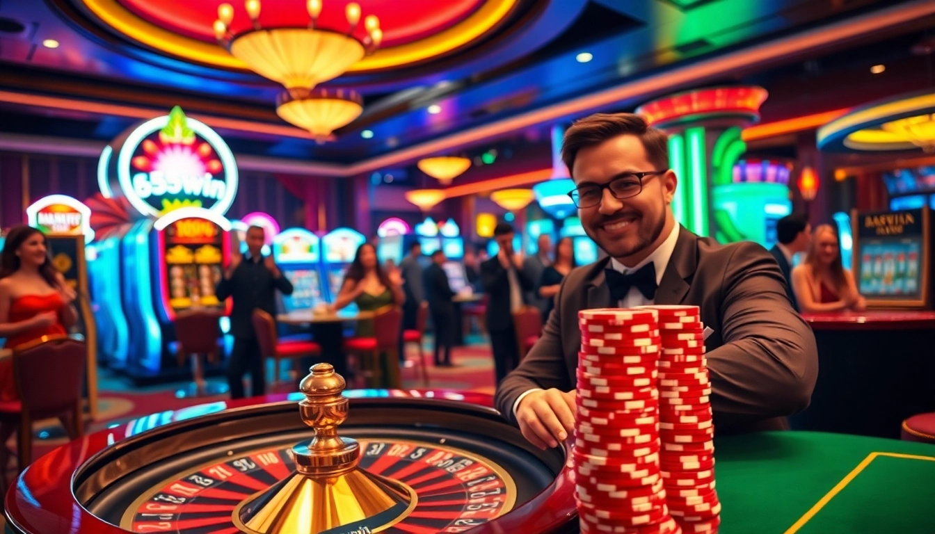 Win big at 555win casino with an exciting roulette game and vibrant slot machines.