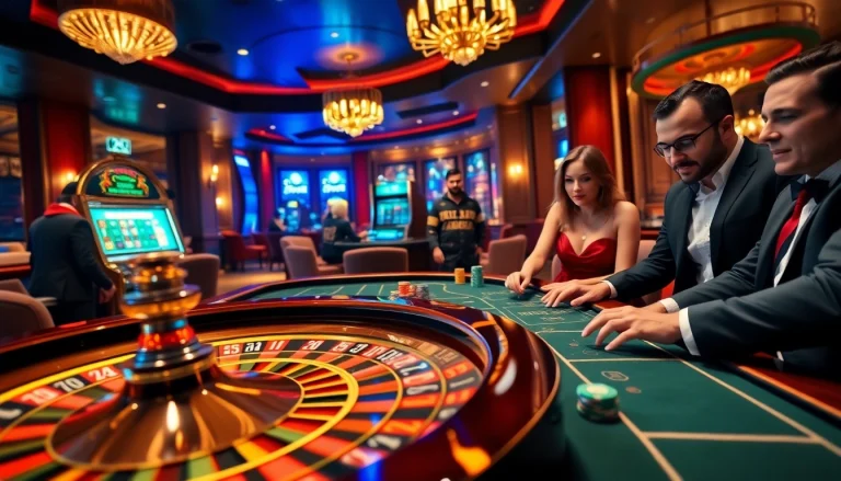Experience high-stakes gaming at https://mk8th.net/ with a vibrant casino scene featuring roulette and poker tables.