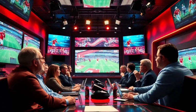 Engaging sports broadcasting studio featuring lively commentators discussing live sports in a dynamic setting.