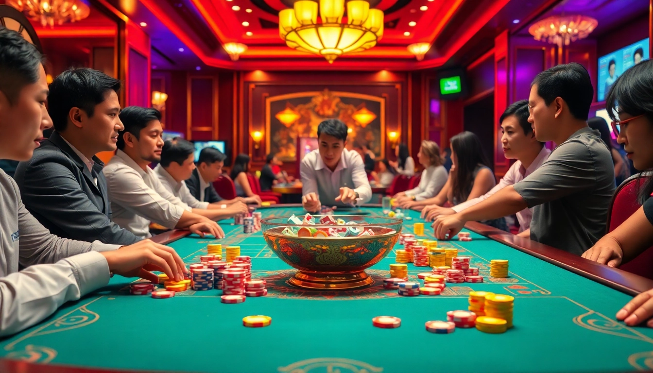 Xóc đĩa players intensely engaged at a casino table, showcasing vibrant betting chips and dealer action.