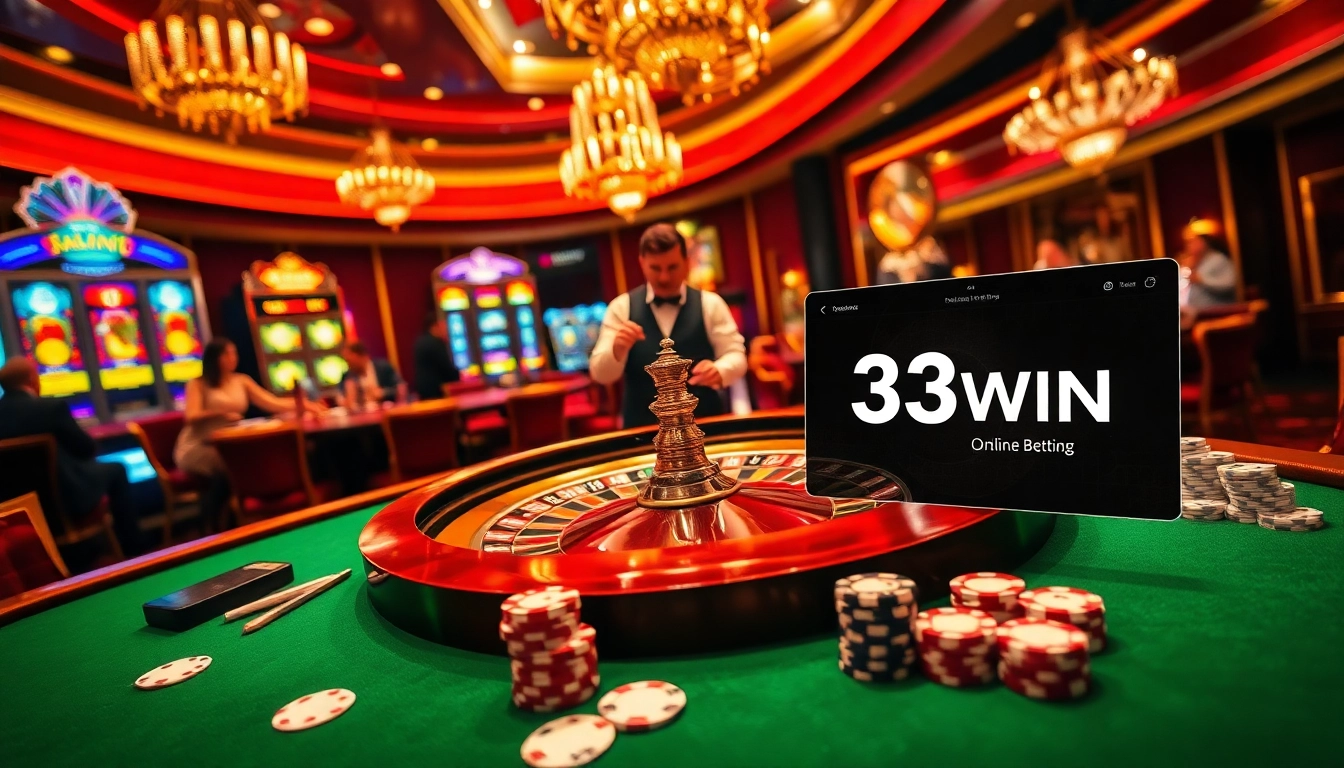 Engaging casino scene highlighting 33WIN's thrilling gaming experience with roulette and poker.