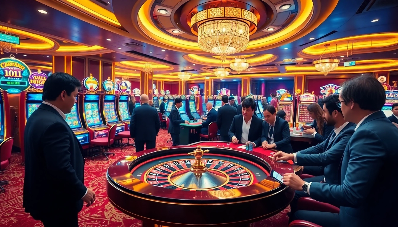 Luckywin casino scene with vibrant slot machines and excited players betting at tables.