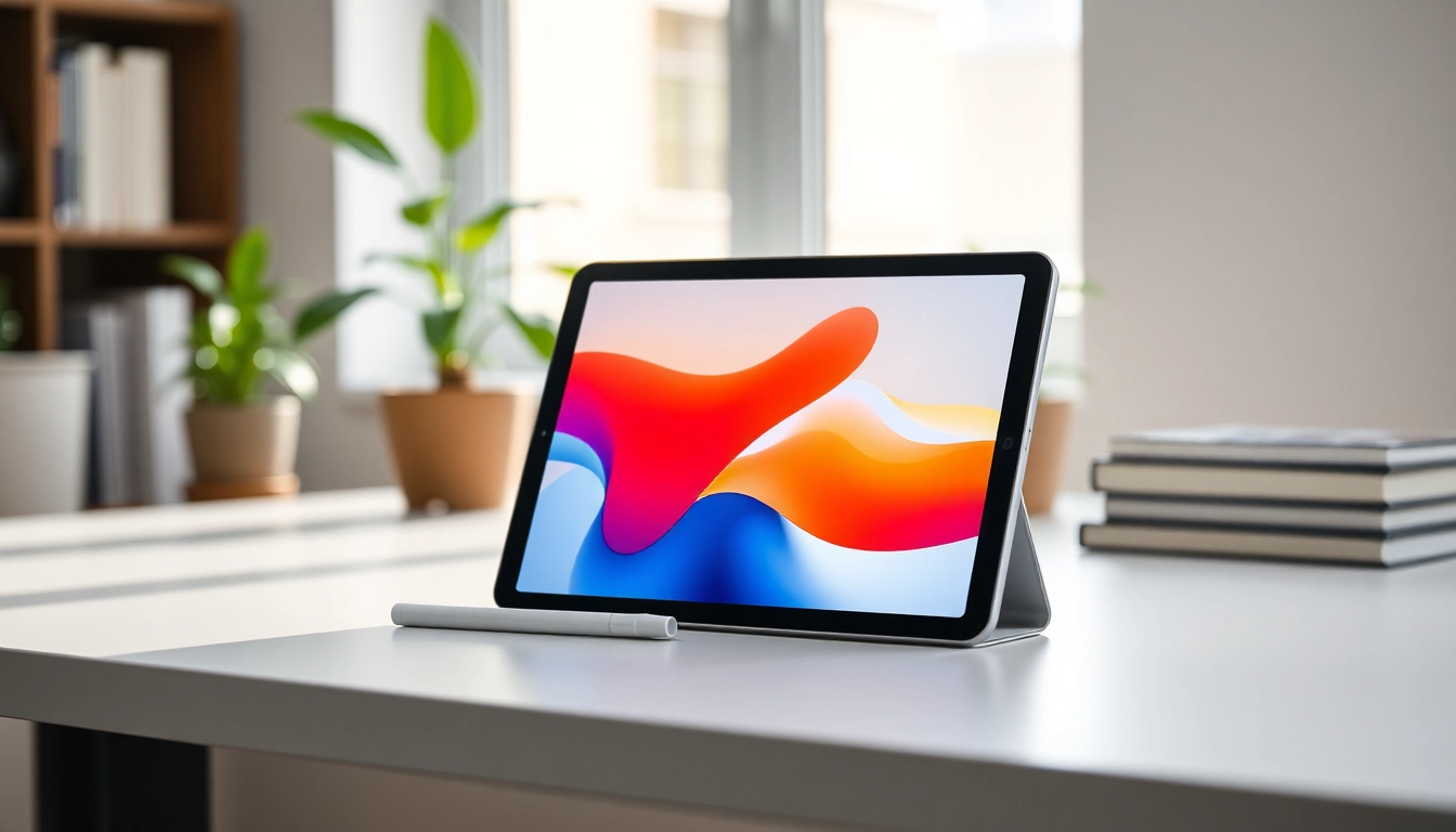 Interactúa con el iPad Mini 7 en un escritorio moderno, resaltando su pantalla vibrante.