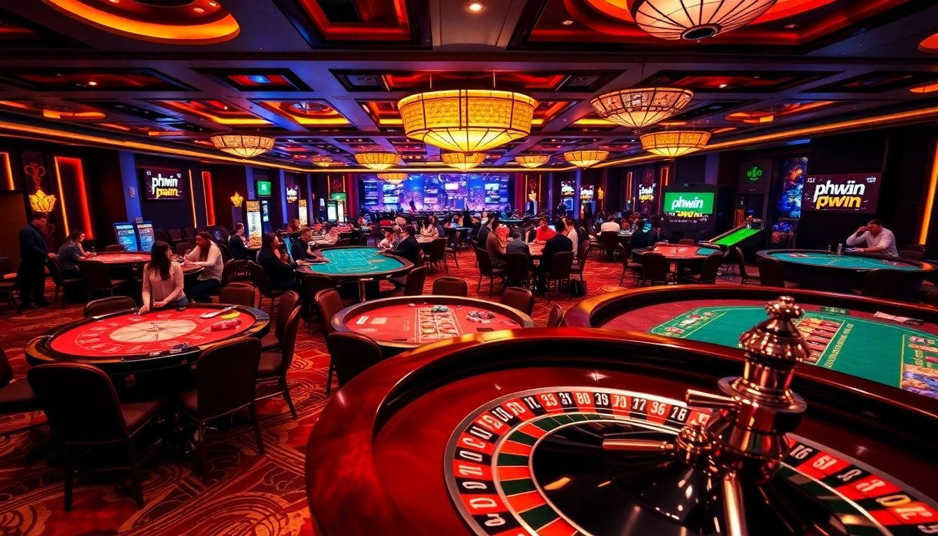 phwin casino atmosphere filled with vibrant gaming tables, players, and colorful chips