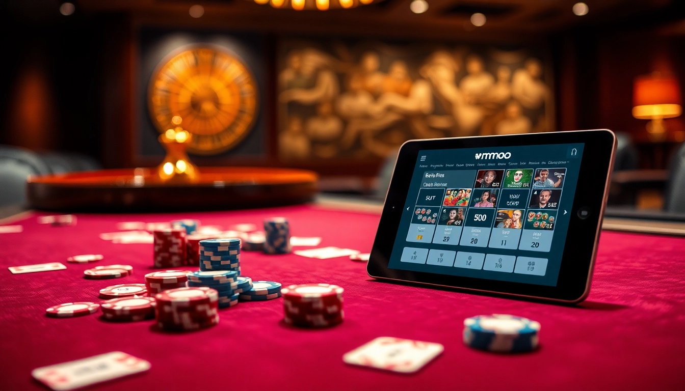 Engaging players at a luxurious casino table with mmoo branding showcased on a tablet.