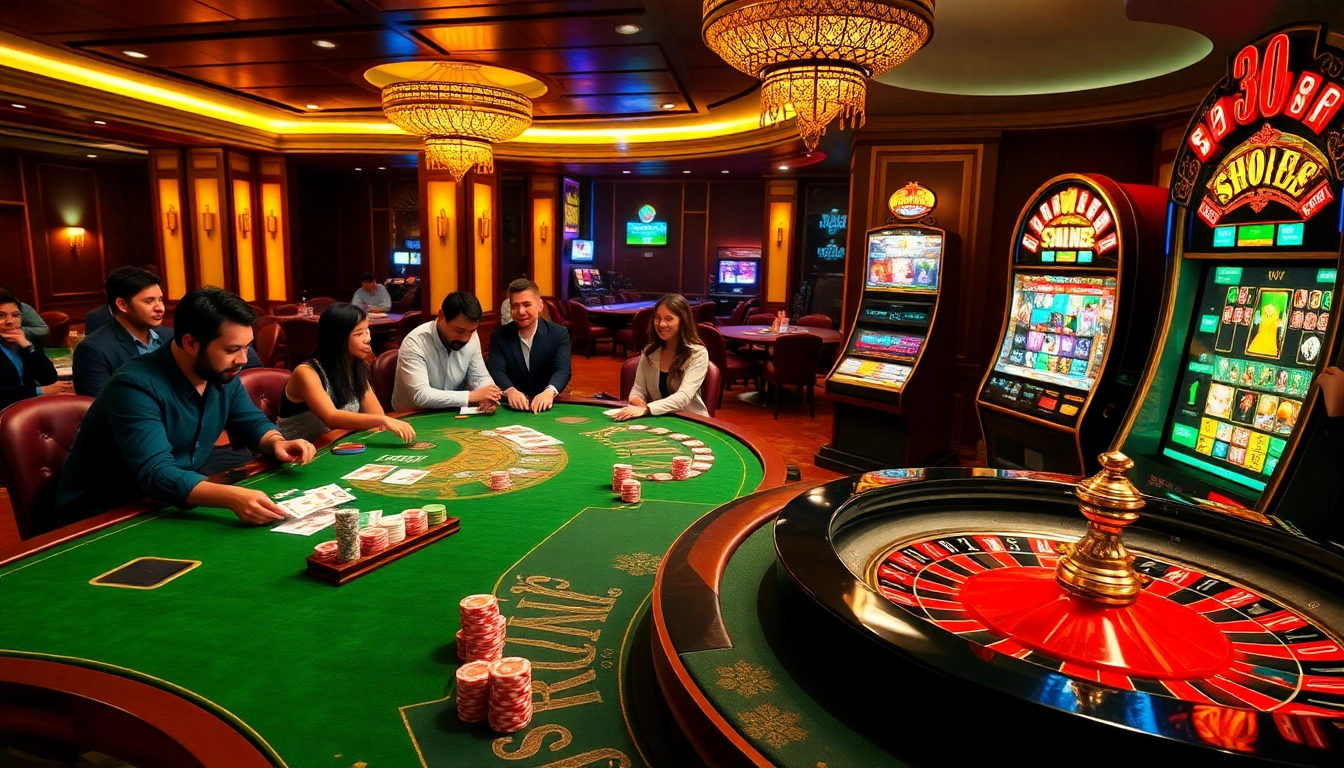 Excited players enjoying a thrilling game at apiraja88 online casino with vibrant slot machines.