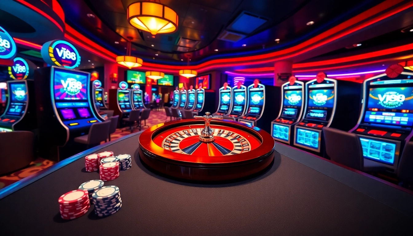 Engage with VJ88 casino excitement at a vibrant poker table with chips and cards.
