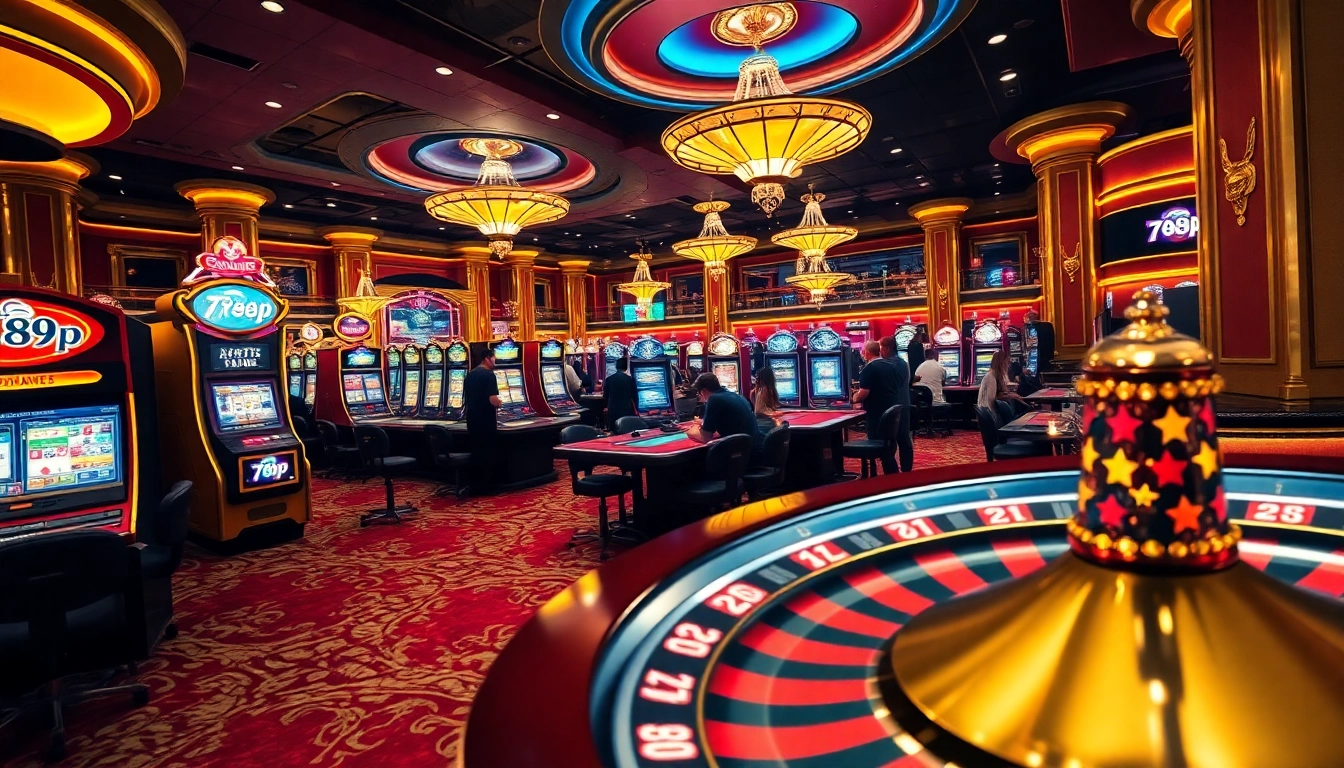 Players enjoying thrilling games at 789p's luxurious casino with slot machines and poker tables.