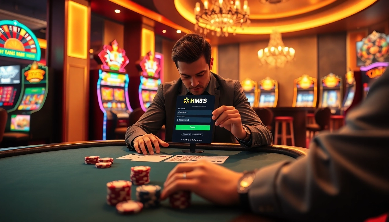 Login screen for hm88 đăng nhập displayed amongst vibrant casino elements like poker chips and cards.