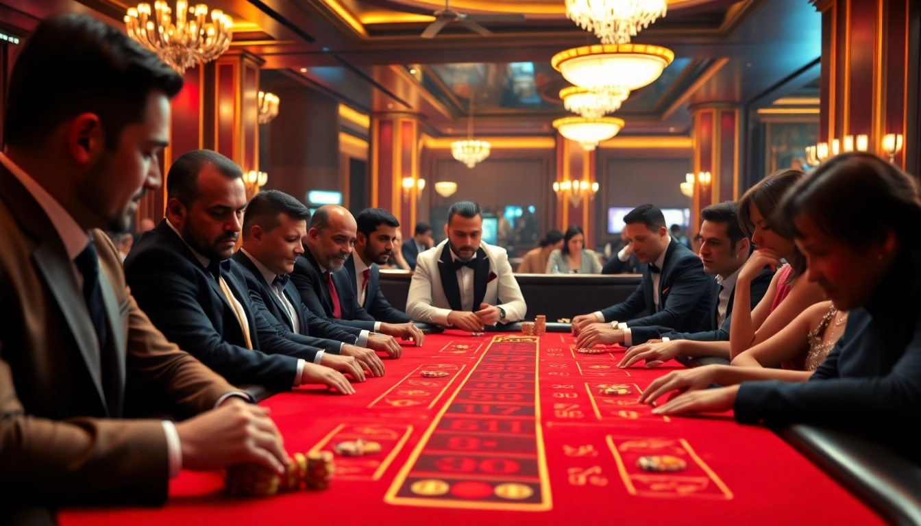 에볼루션 바카라 테이블 앞에서 집중하는 플레이어들이 있는 카지노 장면