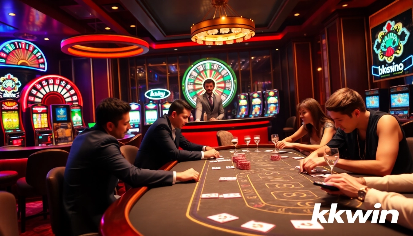 Engaged players at the kkwin poker table in a vibrant casino setting.