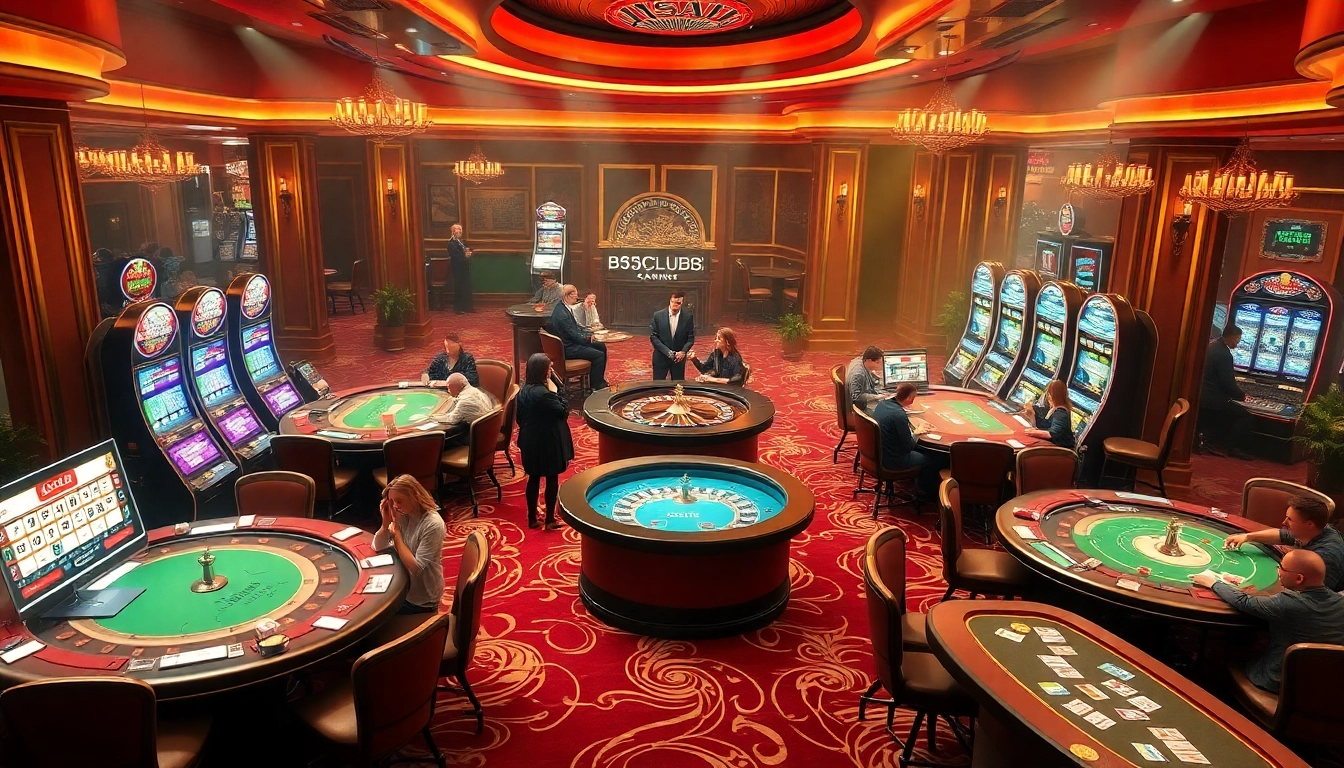 B52club players engaging with vibrant casino games at tables filled with cards and chips.