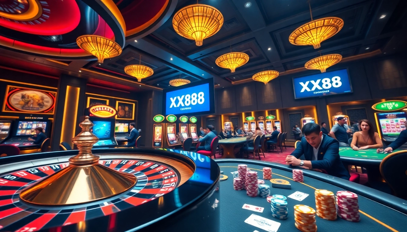 Experience a thrilling game at XX88 with vibrant slot machines and a stylish roulette wheel.