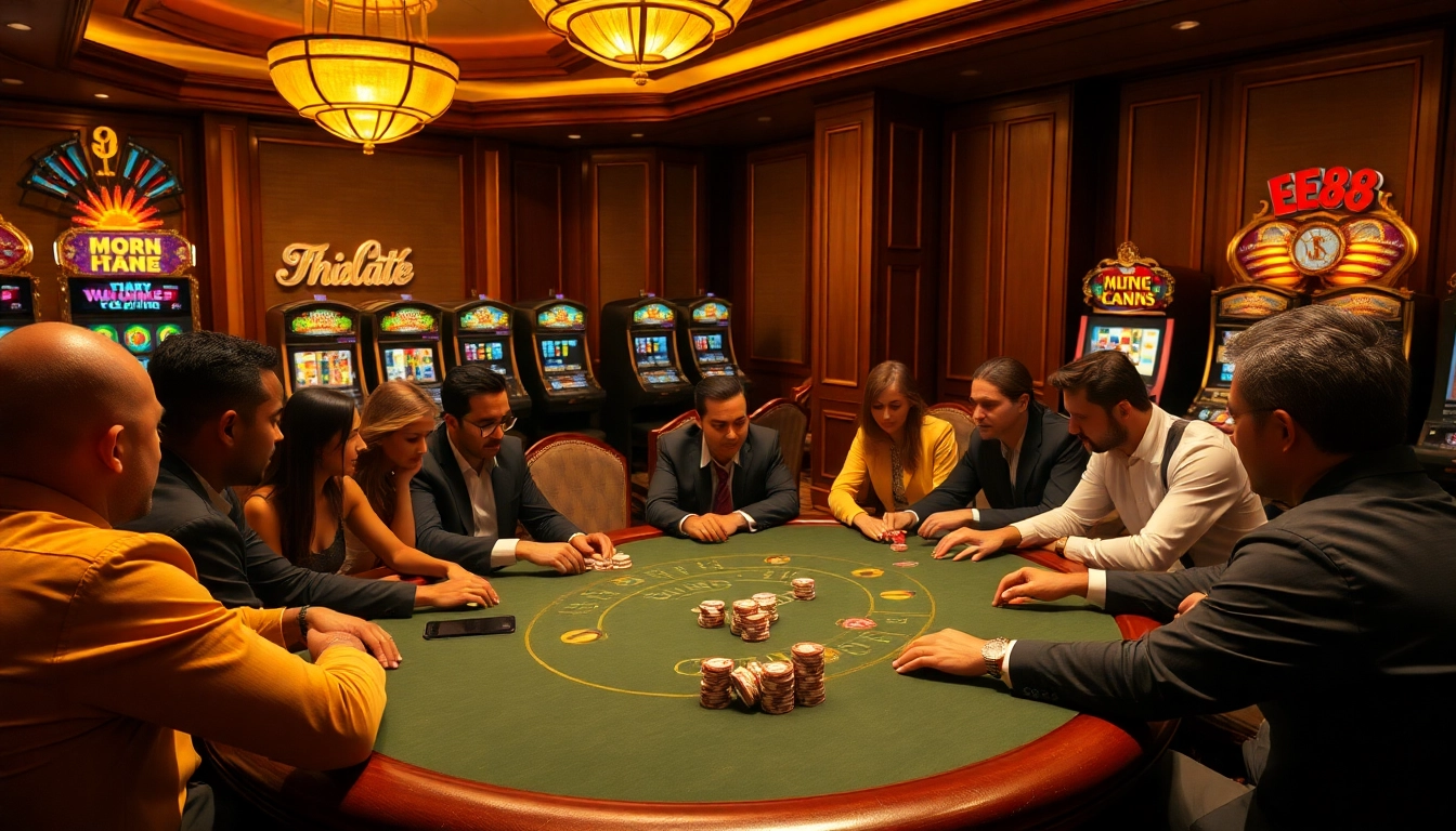 Engaging scene at casino ee88 poker table with players and vibrant slot machines.