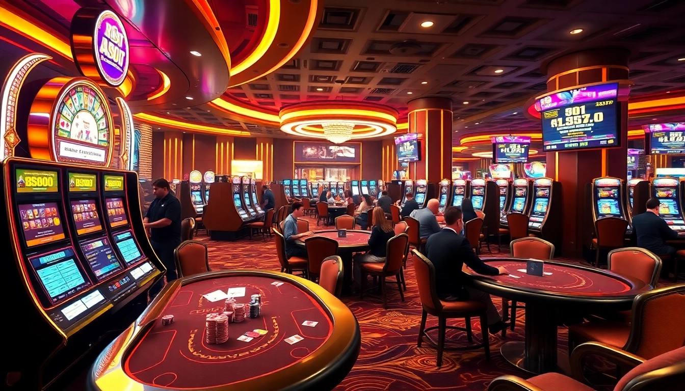 Experience the excitement of Bro138 at a luxurious casino with vibrant slot machines and eager players.