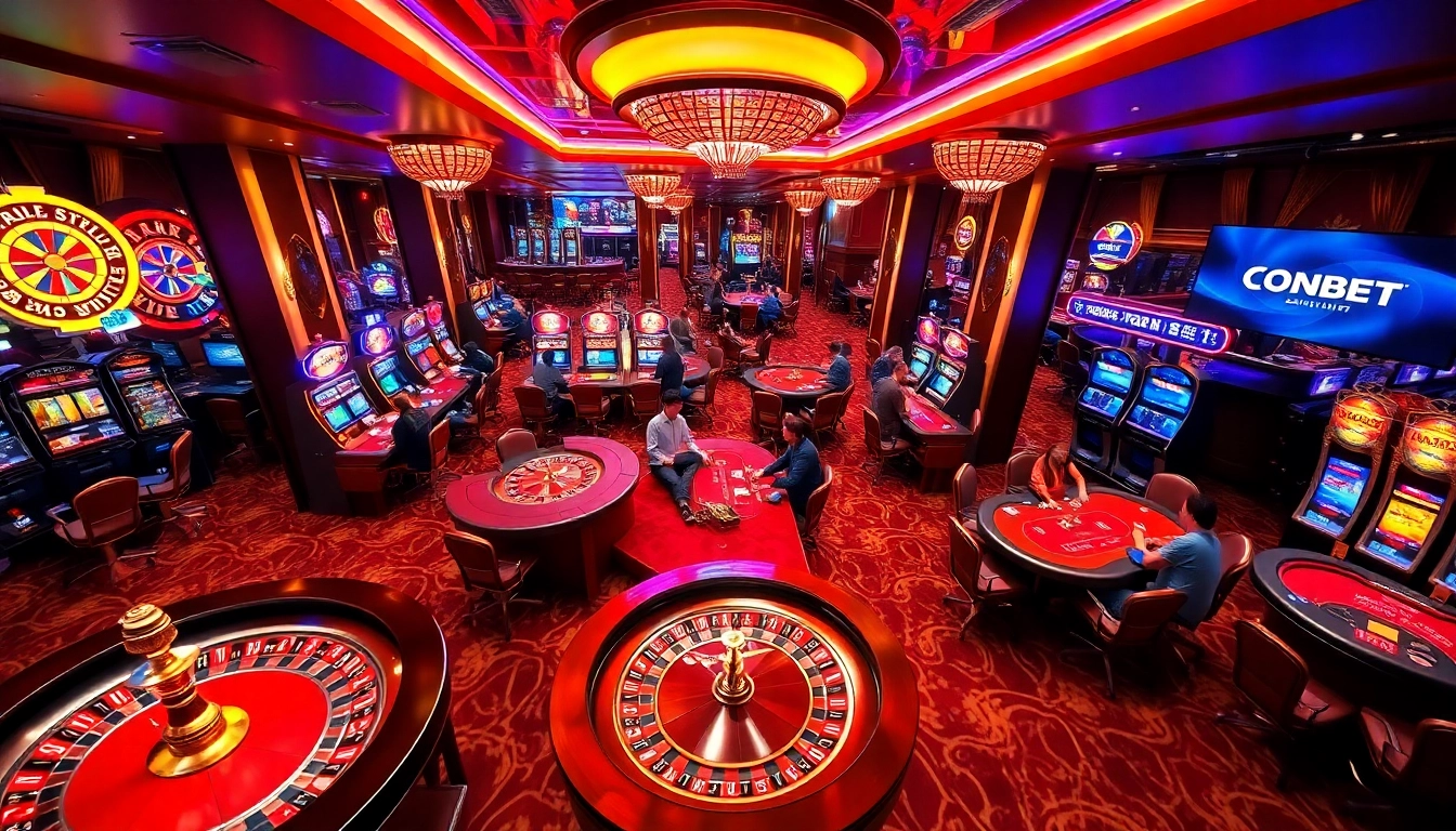 Players enjoying an exciting night at ONBET's luxurious casino tables, with vibrant lights and engaging games.