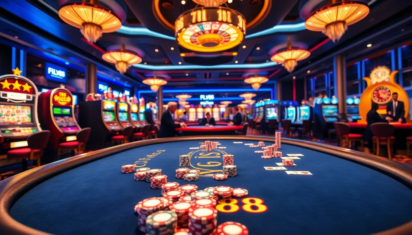 Experience the excitement of FLY88 at a high-stakes casino table filled with vibrant poker chips and illuminated slot machines.