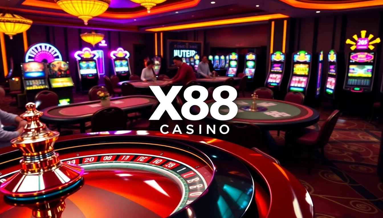 X88 CASINO showcases a luxurious and vibrant casino scene with exciting roulette and poker games.