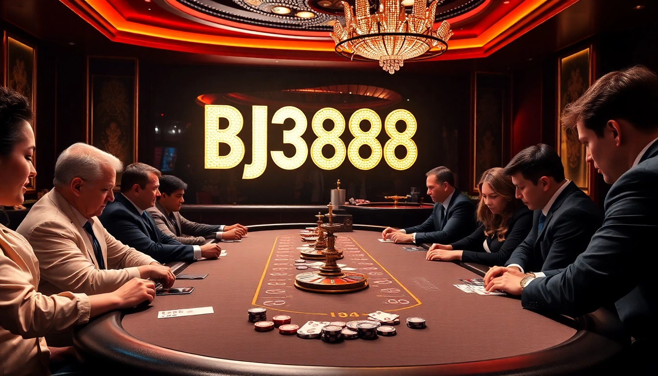 BJ388 players enjoying an exciting poker game with vibrant chips and cards in a luxurious casino setting.