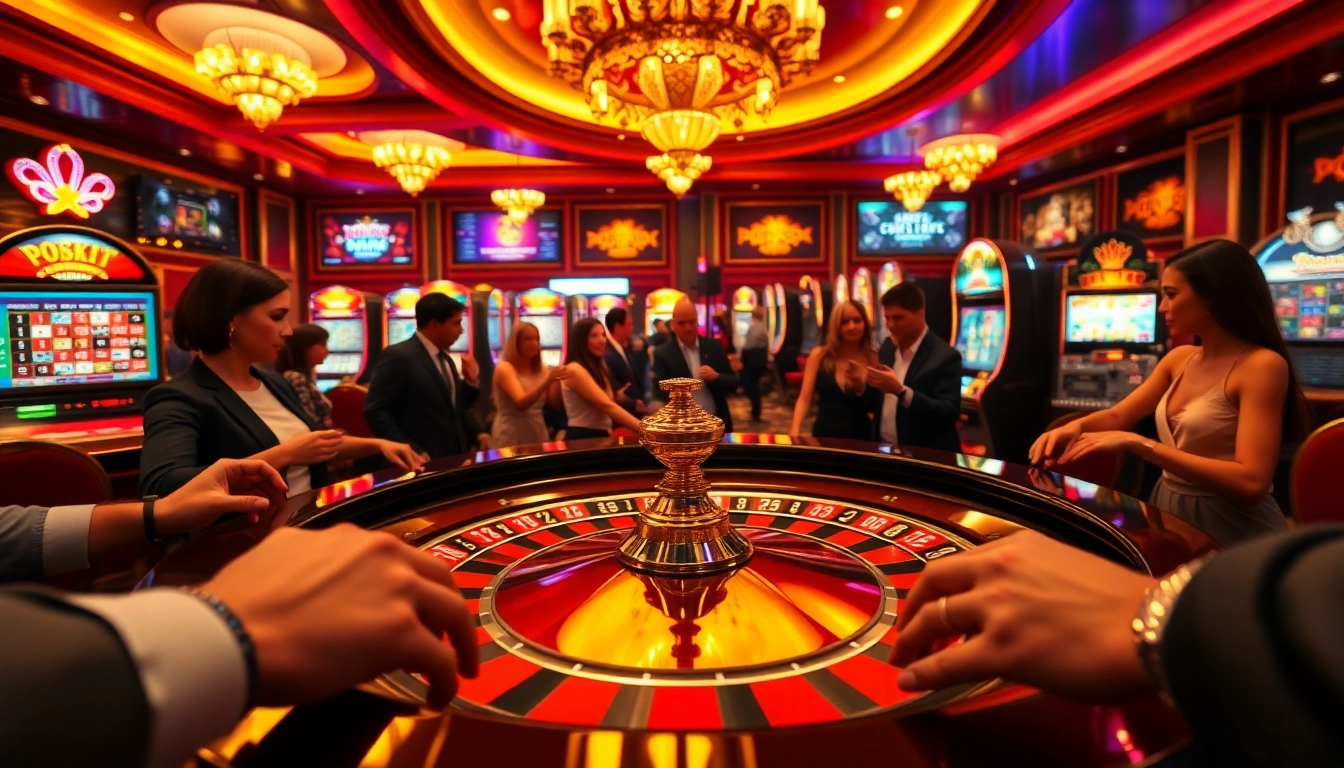 B52club players enthusiastically betting at a luxurious roulette table in a vibrant casino.