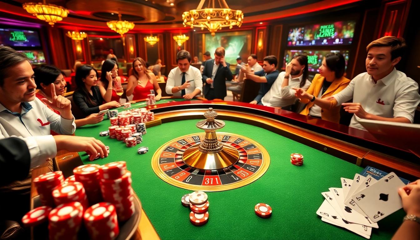 Players at mmoo88.us.com enjoying vibrant roulette action with chips and cards.