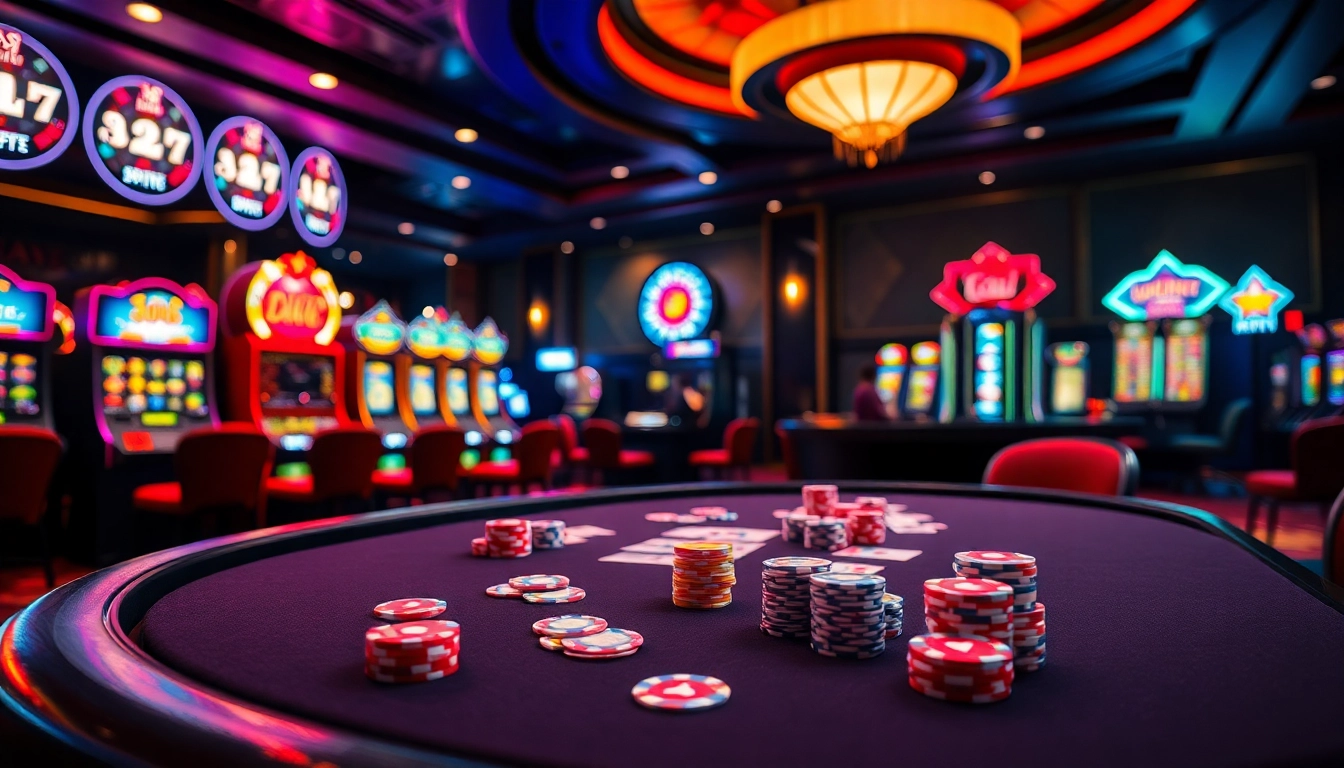 Experience the excitement of bk888 at a vibrant casino table filled with colorful poker chips and cards.
