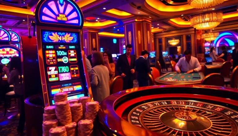 Nổ Hũ slot machine in a luxurious casino setting, players eagerly anticipating their wins.