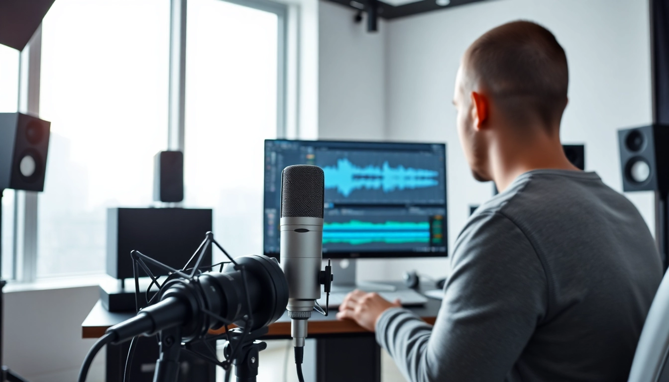 Generate lifelike AI Voice with advanced software in a modern, bright studio.