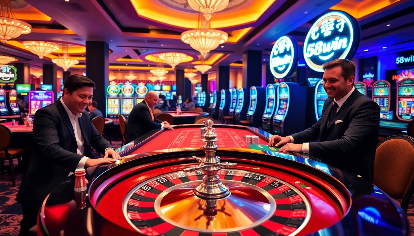 Experience the thrill of betting at 58win's luxurious casino tables with vibrant gaming elements.