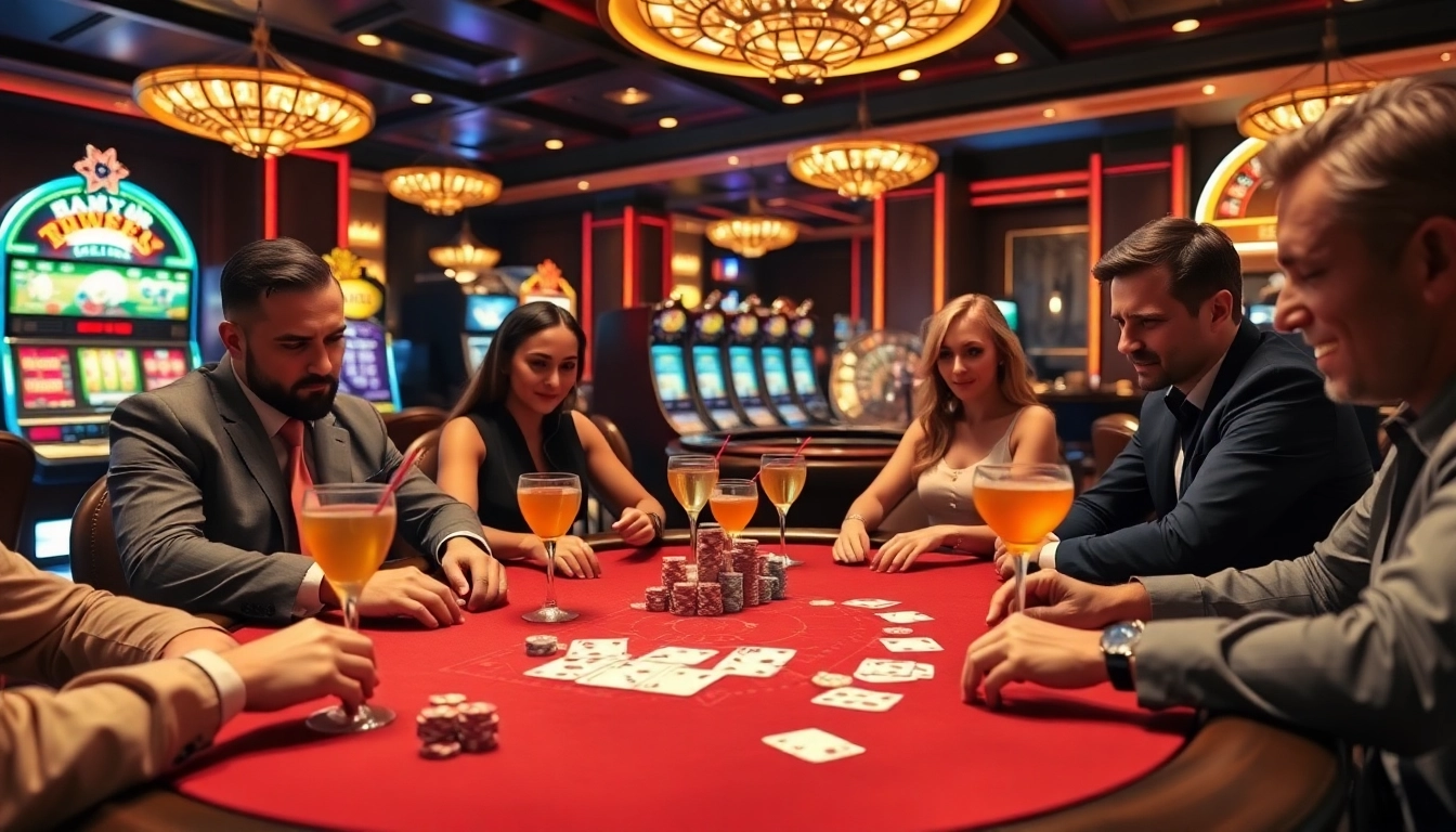 Players enjoying an intense game of Texas Hold'em at the 789f casino, surrounded by luxury.