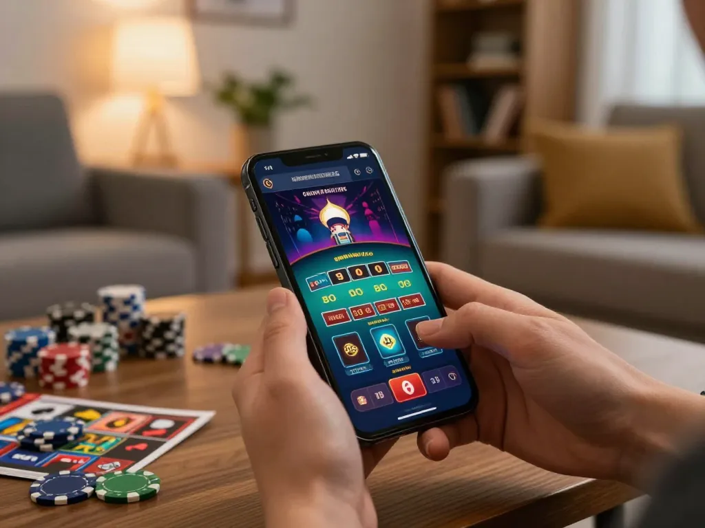 Engaging user placing bets on mm88.com with a smartphone in a stylish home setting.