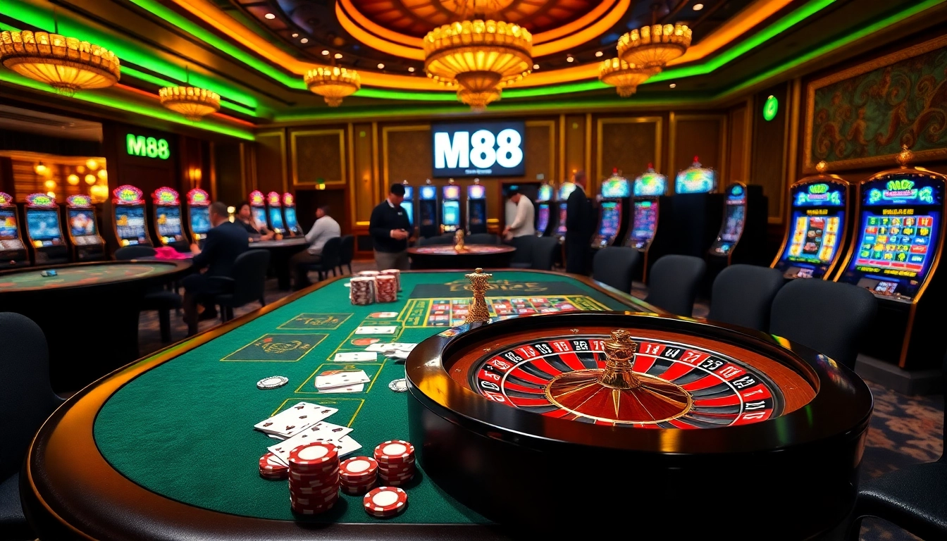 Experience the thrill of M88 with players at a luxurious gambling table.