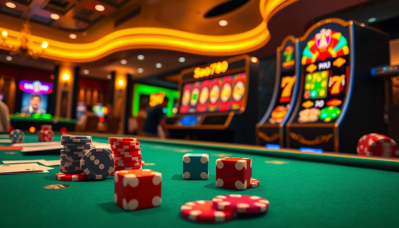 Sao789 players enjoy luxury gambling at a vibrant online casino table surrounded by colorful cards and chips.