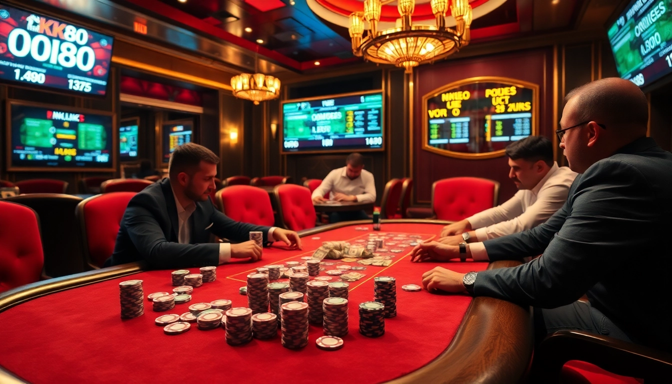 Players enjoying an exciting poker game at NK88 casino table with vibrant atmosphere.