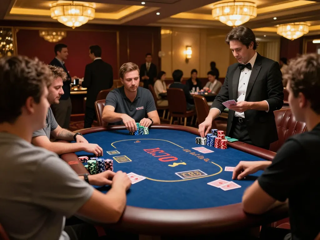 Players engaging in an intense game of Texas Hold'em at Sun Win casino, vibrant table scene with colorful chips and cards
