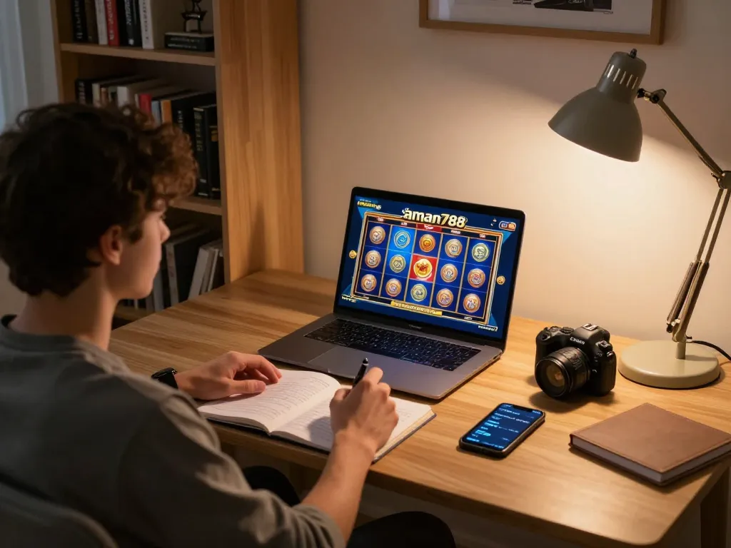 Memainkan aman788 slot online dengan laptop di meja yang nyaman, menampilkan strategi permainan pribadi.