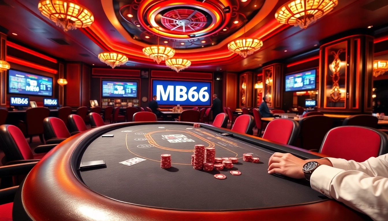 Experience thrilling poker action at MB66 casino with luxurious chips and cards.