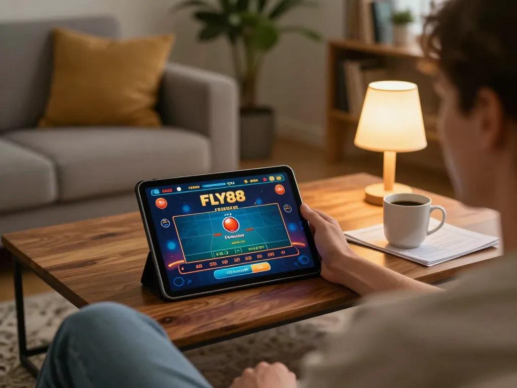 Engaged user playing fly88 online casino game on tablet in cozy home environment with strategic notes.