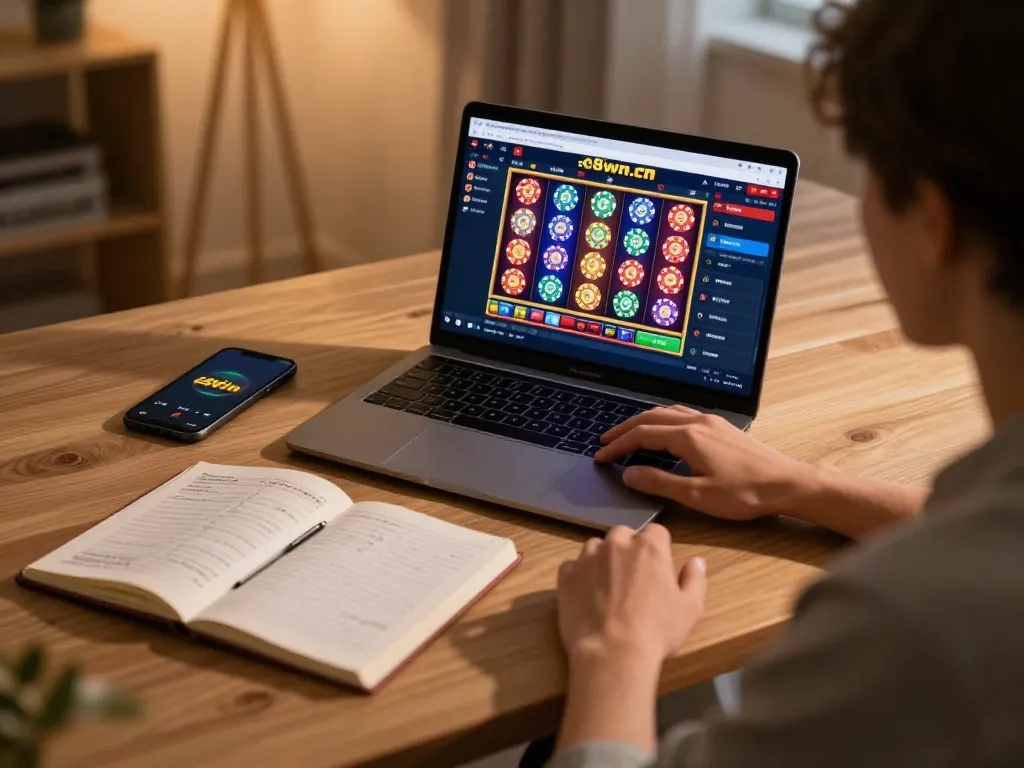Gambling enthusiast engaging with 68win.com through an interactive online casino experience on a cozy desktop setup.