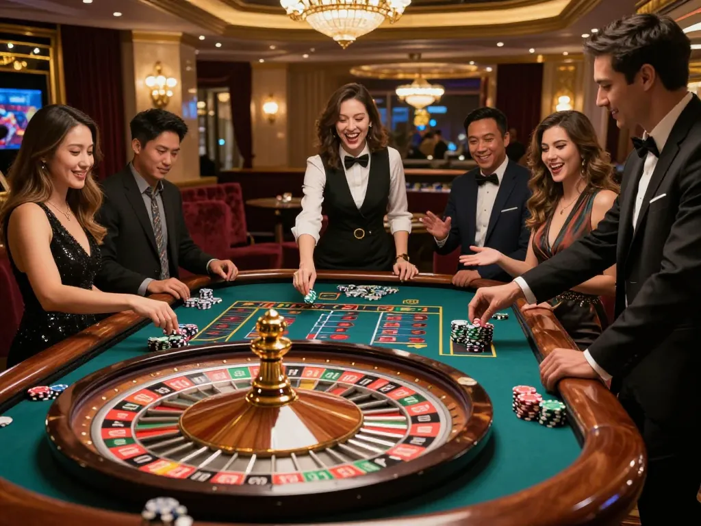 Experience the thrill of mm88 at a vibrant roulette table with players engaged in strategy.